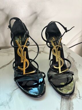 Saint Laurent Black Patent Leather Strappy Heels with Gold YSL Logo